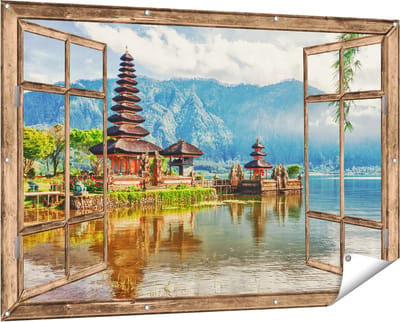 Gards Tuinposter Doorkijk Pura Tempel in Bali op het meer Beratan - 150x100 cm - Tuindoek - Tuindecoratie - Wanddecoratie buiten - Tuinschilderij