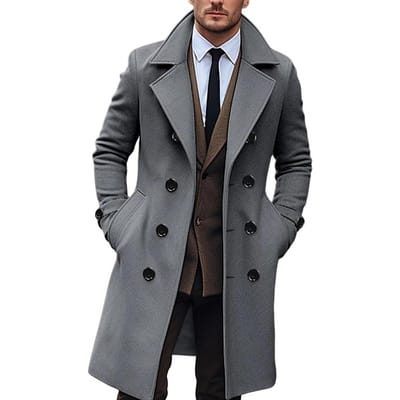 Heren Lange Wolle Jas Revers Lange Mouw Effen Kleur Windjack Zakken Dubbele Rij Middellang Buitenjas XXL black