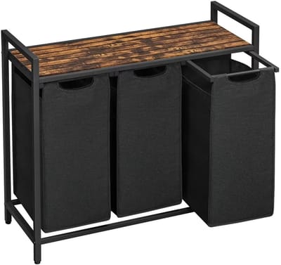 RosaBloom wasmand 3 vakken - Wassorteerder - Wasbak - Wasbox - Uitschuifbaar - 114 liter - 92,5 x 33 x 72 cm - Zwart/Bruin