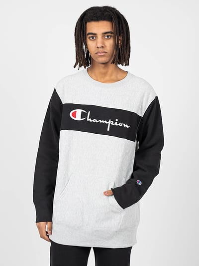 Herensweatshirt met kleurblokken, kangoeroezak en omgekeerde geweven ronde hals, lichtgrijs/zwart