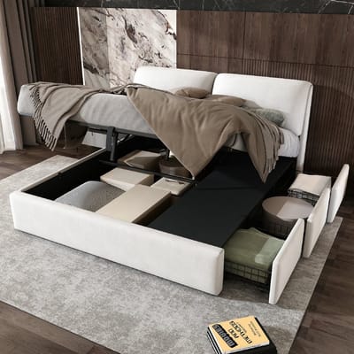 VVBV Gestoffeerd Opbergbed 180x200 cm - Hydraulische Opbergruimte, Lades, Lattenbodem - Fluweel Beige - Zonder Matras