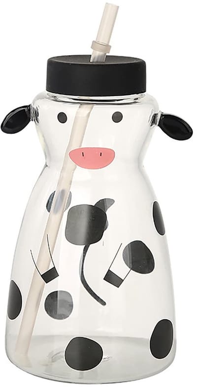 Dailygoods- Beker met Rietje - Glazen Beker - Cartoon Koe - IJs/Koffiekopje - 3D Dieren Mok - 21oz Inhoud - Drinkbeker