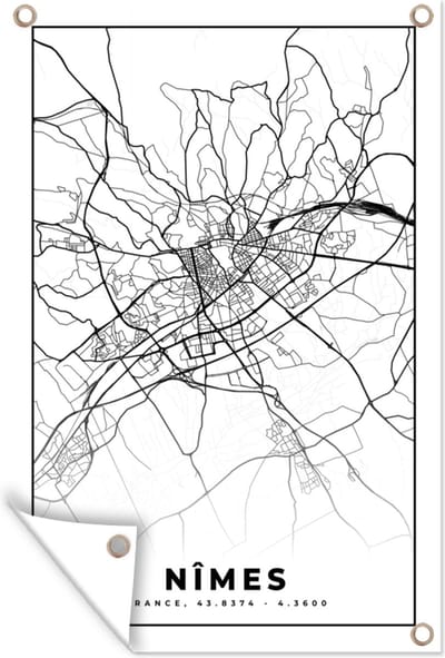Muurdecoratie Plattegrond - Nîmes - Kaart - Frankrijk - Stadskaart - Zwart wit - 120x180 cm - Tuinposter - Tuindoek