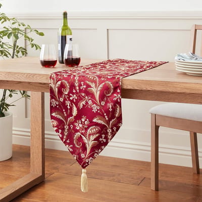 Tafelloper - Tafeldecoratie - Feestelijke Tafel - Damast Bloemenmotief - 33 x 178 cm - Bordeauxrood