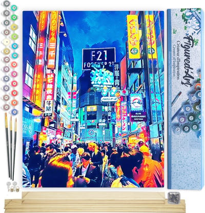 Figured'Art Schilderen op Nummer Volwassenen canvas Tokyo Shibuya - Handwerk acrylverf Kit DIY Compleet - 40x50cm met DIY houten lijst
