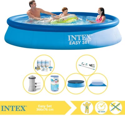 Intex Rond Opblaasbaar Easy Set Zwembad - 366 x 76 cm - Blauw - Inclusief Pomp - Afdekzeil - Onderhoudspakket - Filter - Grondzeil - Stofzuiger - 7-delig