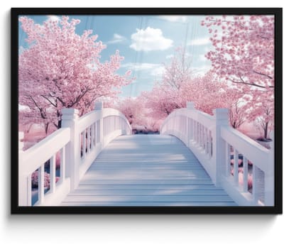 Poster in lijst - Fotolijst 70x50 cm - Posters - Brug - Kersenbomen - Wit - Posterlijst zwart - Decoratie - Wanddecoratie woonkamer - Muurdecoratie slaapkamer