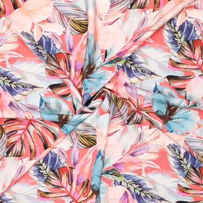 Viscose Twill Stof met Print – Senja Bladprint Roze – 90% Viscose – 145 cm Breed – 150 g/m² – Jurkenstof per Meter