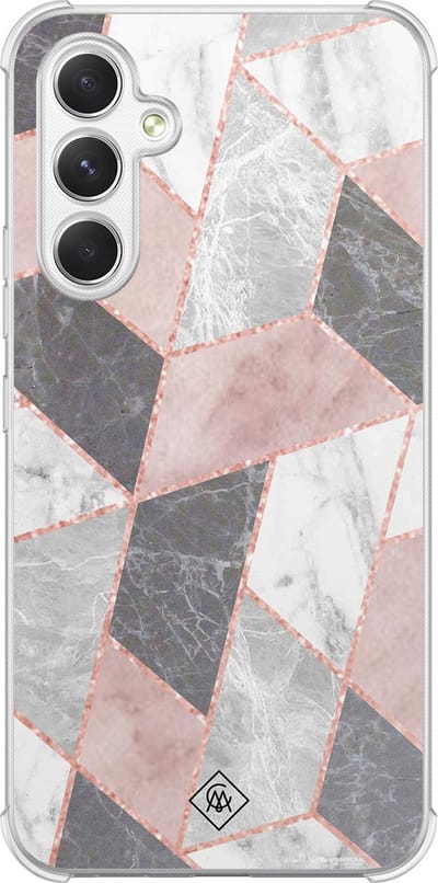 Casimoda® hoesje - Geschikt voor Samsung Galaxy A15 - Stone grid marmer / Abstract marble - Shockproof case - Extra sterk - TPU/polycarbonaat - Roze, Transparant