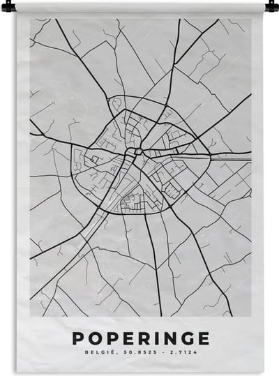 Wandkleed - Wanddoek - België – Poperinge – Stadskaart – Kaart – Zwart Wit – Plattegrond - 120x180 cm - Wandtapijt