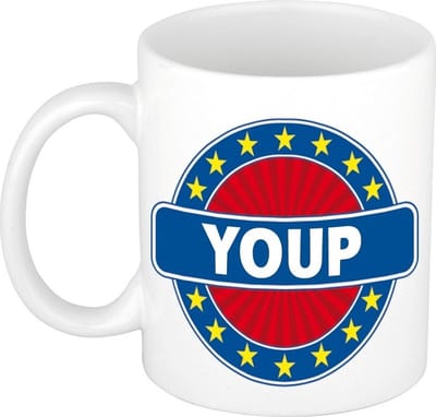Bellatio Decorations - Youp voornaam - koffiemok - beker - wit/blauw - 300 ml - Cadeau - Heren - Collega - Vaderdag - Verjaardag