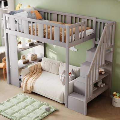 REDOM ledikant / hoogslaper 90x200 cm – Massief grenenhout grijs – 3 grote opberghuizingen (links) – Stevige trap – Verhoogd slaapgedeelte – Wandbevestigingen inbegrepen – 120 kg