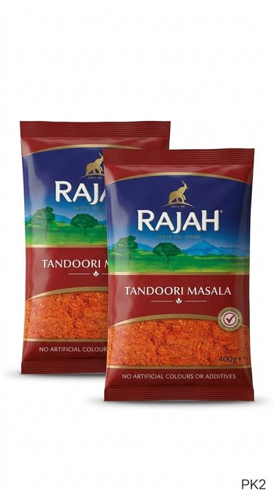 Rajah Tandoori Masala 2 X 400g - Klassieke kruidenmix voor gerechten, aromatisch, Indiaas, vegetarisch, pittig | Marineren van vlees en gevogelte met Kajal-sticker