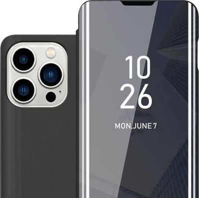 Cadorabo Hoesje geschikt voor Apple iPhone 14 PRO MAX in TOERMALIJN ZWART - Clear View Spiegel Beschermende Case met Tribunefunctie 360 Graden Bescherming Book Case Cover Etui
