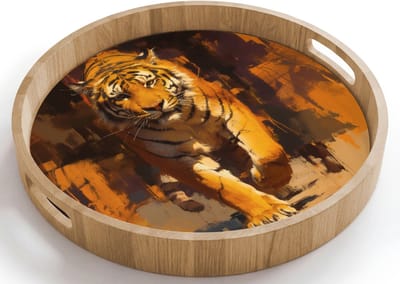 Dienblad rond 40x40 cm - Schootdienblad hout - Tijger - Geschilderd - Oranje - Penseelstreken - Borrelplank rechthoek - Plateau houten dienbladen