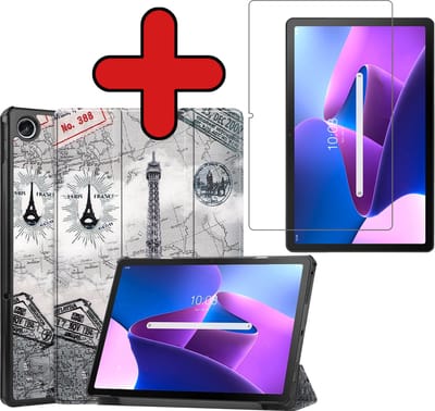 Hoesje - Geschikt voor Lenovo Tab M10 Plus (3e / 3rd Generatie) - Met Screenprotector - Hardcover Book Case - Trifold Bookcase Hoes - Hard Cover - Tablethoes - Eiffeltoren