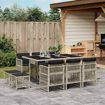 vidaXL - 11-delige - Tuinset - met - kussens - poly - rattan - lichtgrijs