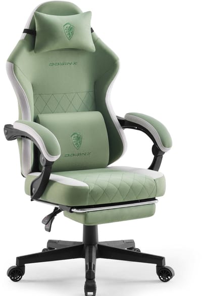 Dowinx Gamingstoel van Stof - Ergonomische Bureaustoel met Pocketvering - Massage Lendenkussen - Voetensteun - Verstelbare Rugleuning - 135 kg - Groen