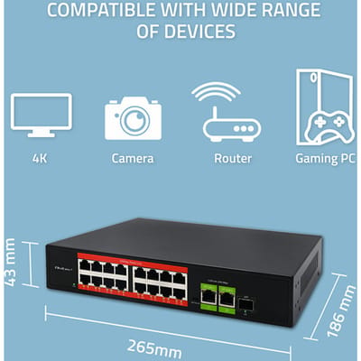 Qoltec SWITCH Fast Ethernet PoE netwerkswitch |   16x RJ45 10/100 MB/s |   2x RJ45 Uplink 1000 Mb/s |   1x SFP 1000 Mb/s