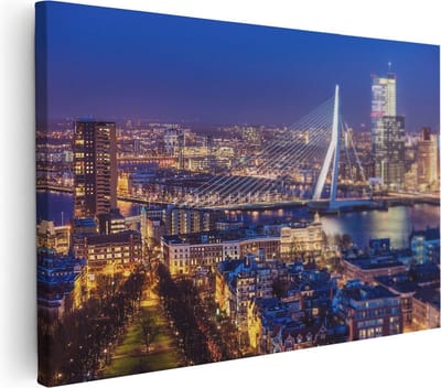 Artaza Canvas Schilderij Skyline - 30x20 cm - Klein - Wanddecoratie Rotterdam - Muurdecoratie Erasmusbrug - Kamer Accessoires