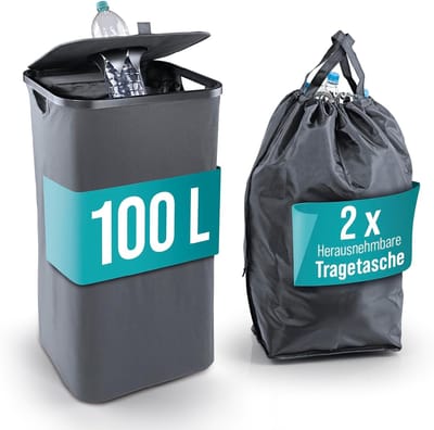 Boodfles-verzamelbak met deksel en 2 draagtassen, 100 liter, opvouwbaar en wasbaar