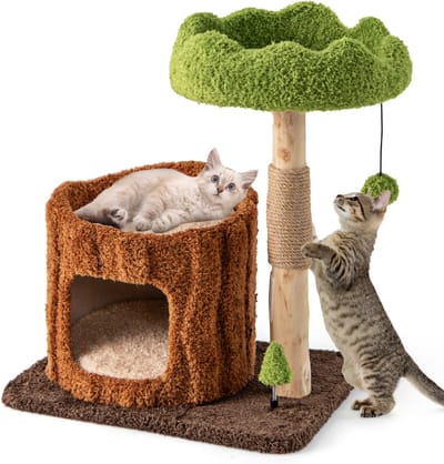 COSTWAY Krabpaal katten, kattenboom met kattenhol in boomgatvorm, massief hout, kattentoren met jute zuil & ligoppervlakken & bal, kattenmeubel, kattenkrabpaal, bruin + groen