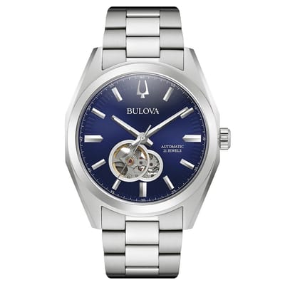 Montre Bulova Classic Surveyor en acier inoxydable avec cadran bleu à cœur ouvert automatique 96A275 pour homme bleu