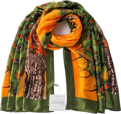 Emilie scarves - sjaal - lang - silky feeling - pauwenprint - pauwenveren - oranje - groen