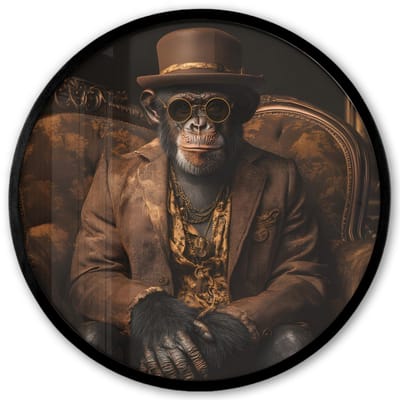 Poster in lijst Rond - Fotolijst 40x40 cm - Posters - Chimpansee - Stoel - Pak - Bruin - Ronde posterlijst zwart - Decoratie - Wanddecoratie woonkamer - Muurdecoratie slaapkamer