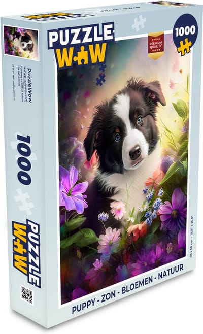 Puzzel Puppy - Zon - Bloemen - Natuur - Bordercollie - Hond - Legpuzzel - Puzzel 1000 stukjes volwassenen