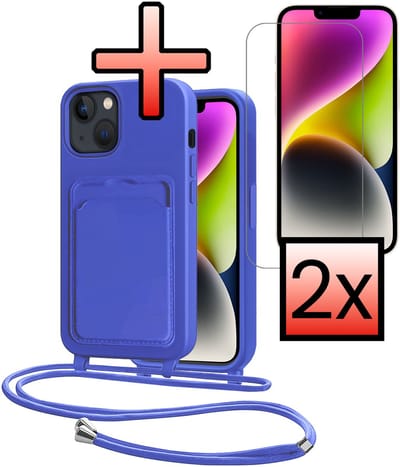 Hoes Geschikt voor iPhone 13 Hoesje Pasjeshouder Cover Met Koord Case Siliconen Hoes Met Telefoonkoord en Kaarthouder Met 2x Screenprotector - Felblauw