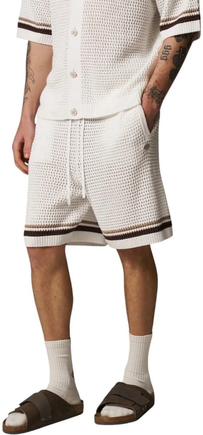 The Couture Club Heren Korte Broek Wit TCCM2874 Crochet Knitted Stripe
