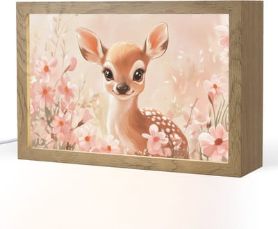 Nachtlampje 30x20 cm - Kinder lampje - Hertje - Illustratie - Bloemen - Roze - Tafellamp kinderkamer - Slaapkamer lamp - Bedlamp kinderen - Kinderlampje stopcontact - Wandlamp babykamer - Nachtlampjes