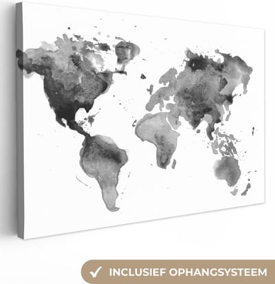 Canvas schilderij 60x40 cm - Wanddecoratie Wereldkaart - Waterverf - Zwart - Wit - Kinderen - Jongens - Meisjes - Muurdecoratie woonkamer - Kamer decoratie accessoires - Schilderijen