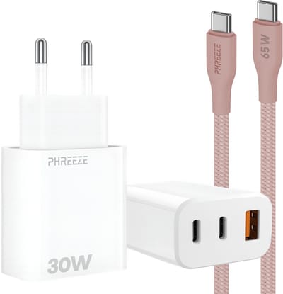 Usb C en usb A adapter met usb C kabel - 30w oplaadstekker 3 poorten - Usb C naar usb C - Oplaadkabel roze 1m inbegrepen