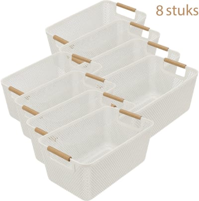 Opbergmand Set van 8 – 12L Mandjes Riet Look Groot Formaat – Stapelbare Opbergboxen voor Speelgoed, Keukenkast en Kledingkast Organizer