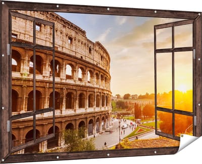 Gards Tuinposter Doorkijk Colosseum bij Zonsondergang in Italïe - 180x120 cm - Tuindoek - Tuindecoratie - Wanddecoratie buiten - Tuinschilderij