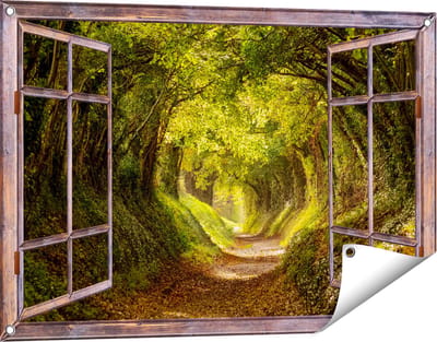 Gards Tuinposter Doorkijk Pad in het Bos met veel Bladeren - 90x60 cm - Tuindoek - Tuindecoratie - Wanddecoratie buiten - Tuinschilderij