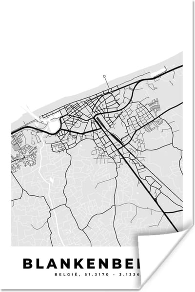 Poster Zwart Wit – België – Plattegrond – Stadskaart – Kaart – Blankenberge - 120x180 cm XXL