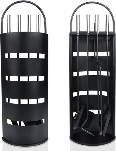 LZQ 5-delig haardbestek roestvrij staal haardaccessoires bestek met inkijkbescherming, bezem, tang, pookhaak, asschep, zilver, klassieke set - zwart