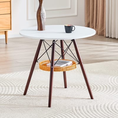 HAUSS SPOLE Eettafel - Ronde Tafel Met Opbergmand - Voor Eethoek En Balkon - Massief Hout En MDF - 80 Cm - Wit Walnoot