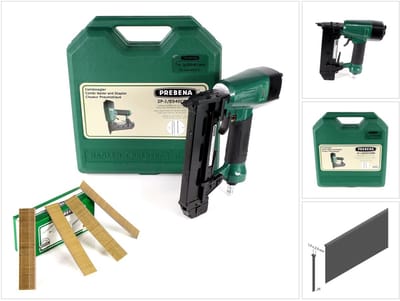 Prebena persluchtnagelmachine 2P-J/ES 40 COMBI 5 tot 7 bar - in transportkoffer + Prebena J 25 CNKHA klemkopnagels Brads 25 mm 5000 stuks