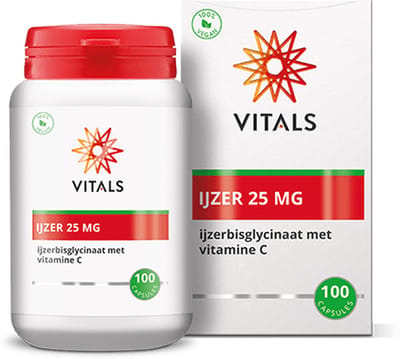 Vitals Ijzerbisglycinaat 25 mg - 100 capsules - mineralen. Ijzer aangevuld met vitamine C, dat de ijzeropname ondersteunt.