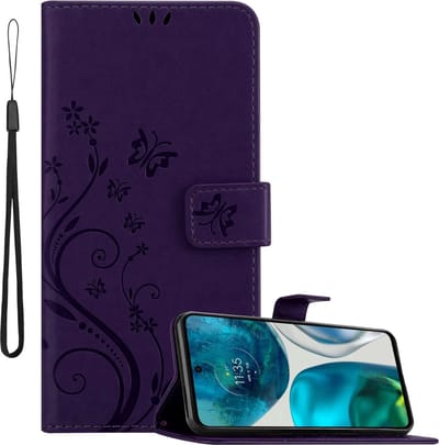 Cadorabo Hoesje geschikt voor Motorola MOTO G52 4G / G82 5G in BLOEMEN DONKER PAARS - Beschermhoes in bloemmotief met magnetische sluiting, standfunctie en kaartsleuven Book Case Cover Etui