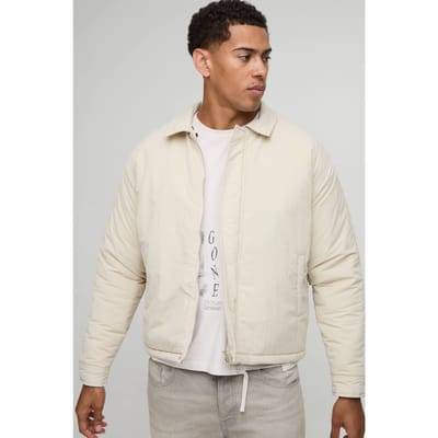 Boxy Fit Peached Crinkle Nylon Coach Jacket | Stone | Size Medium