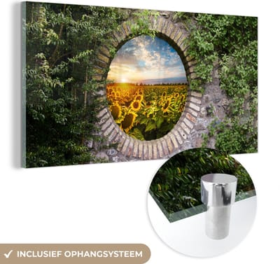 MuchoWow® Glasschilderij 40x20 cm - Schilderij acrylglas - Zonnebloemen - Doorkijk - Bloemen - Zon - Foto op glas - Schilderijen