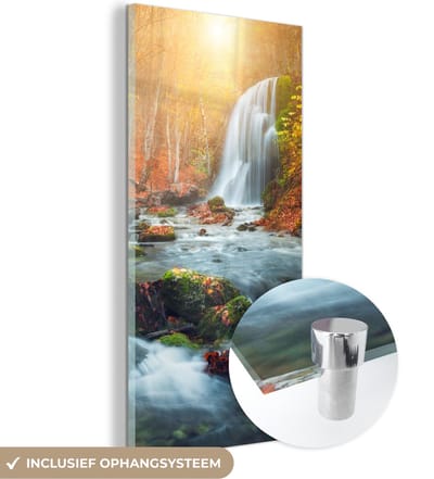MuchoWow® Glasschilderij 20x40 cm - Schilderij acrylglas - Waterval - Zon - Herfst - Foto op glas - Schilderijen