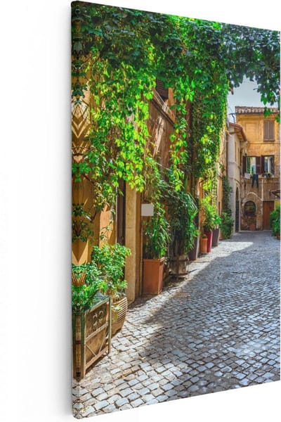 Artaza Canvas Schilderij Steegje Rome - 20x30 cm - Klein - Muurdecoratie Italie - Wanddecoratie Planten - Kamer Accessoires