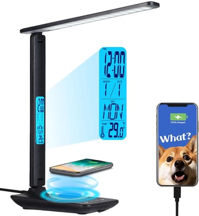 Gloovon® - Bureaulamp LED - Leeslamp Staand - Draadloos Opladen Voor Telefoon - Opvouwbaar – Smart Touch - Telefoonhouder - Qi Technologie - Zwart（met adapter)