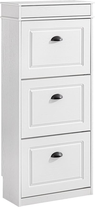 SoBuy FSR94-WG Schoenenkast met 3 kleppen, schoenenkast voor entree, schoenenkast, schoenenrek, 12 paar, voor hal, entree, 53 x 24 x 118 cm, verouderd houteffect, wit